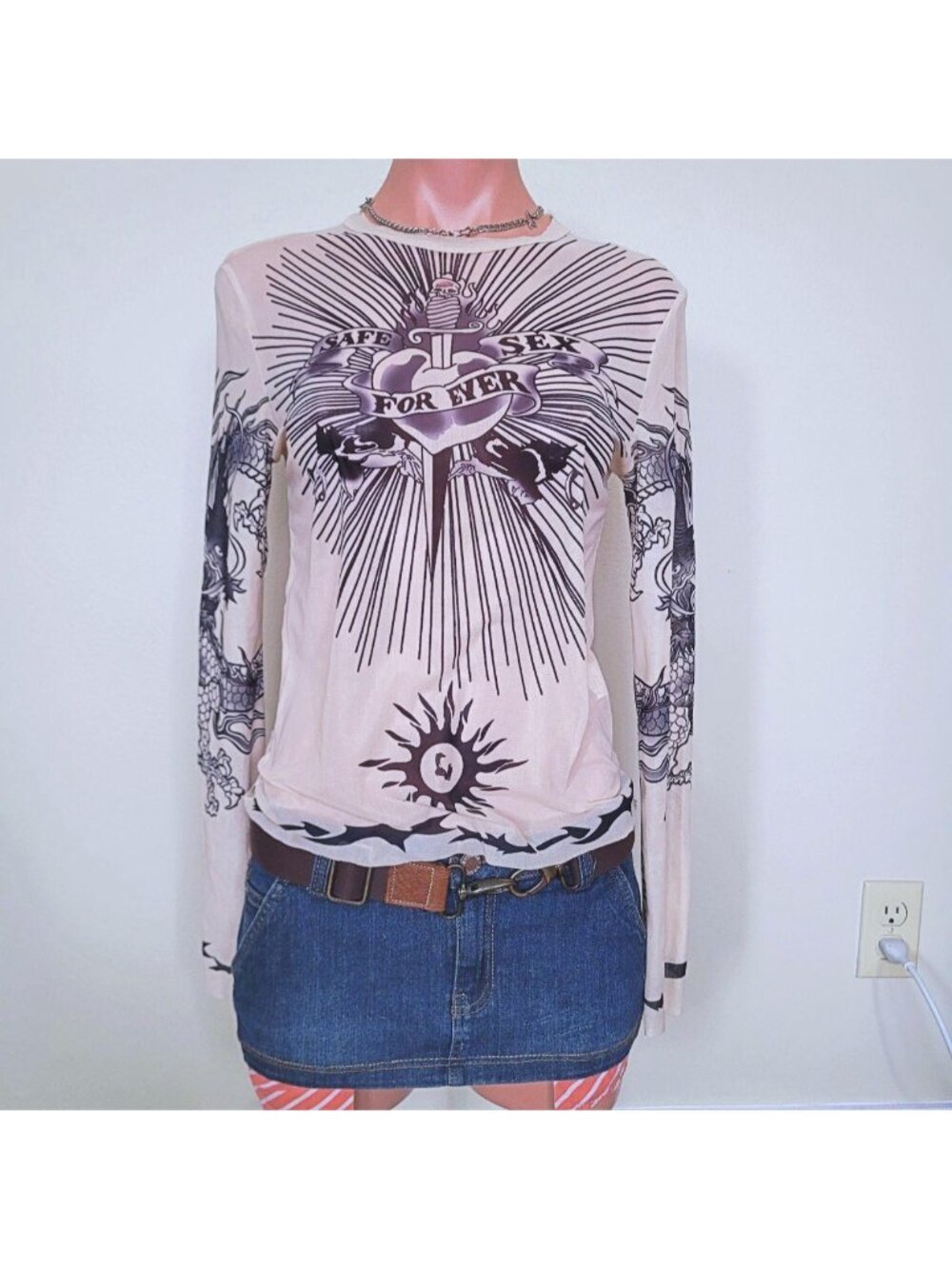 Harajuku Tattoo Dragon Graphic Mesh See-Through Fitted Long Sleeve (M)
